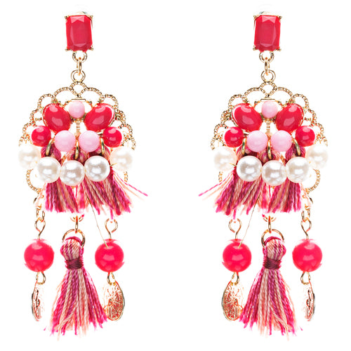 Unconventional Design Faux Pearl Dream Catcher Beaded Dangle Earrings E810 Red