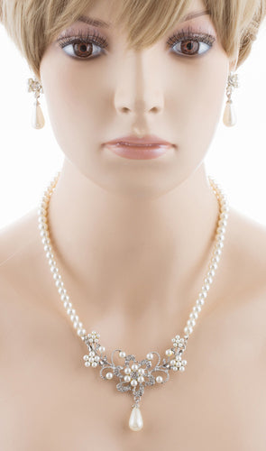 Bridal Wedding Jewelry Set Crystal Rhinestone Pearl Glittering Floral Necklace - Accessoriesforever