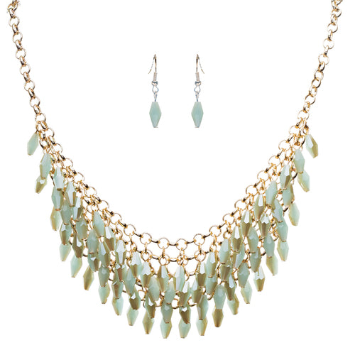 Gorgeous Glass Bead 3-Row Bib Style Design Statement Necklace Set Gold Green