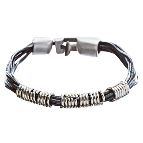 6-Strand Pewter T Clip Clasp Leather Bracelet Black