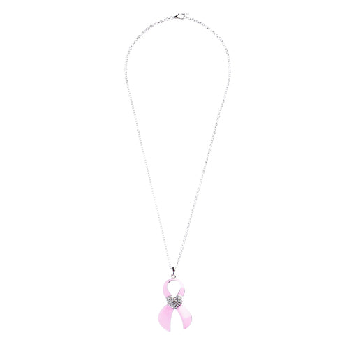 Pink Ribbon Jewelry Crystal Rhinestone Inspiring Ribbon Charm Necklace JN257Pink