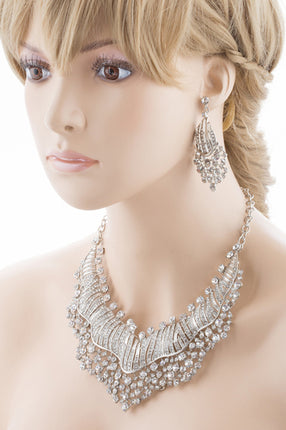 Bridal Wedding Jewelry Set Crystal Rhinestones Sparkle Wavy Bib Necklace Silver - Accessoriesforever