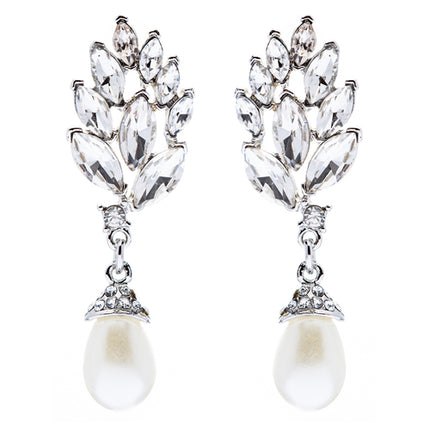 Bridal Wedding Jewelry Crystal Pearl Chic Modern Teardrop Dangle Earrings Silver
