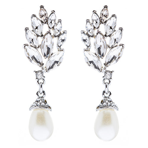 Bridal Wedding Jewelry Crystal Pearl Chic Modern Teardrop Dangle Earrings Silver