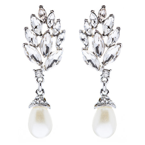 Bridal Wedding Jewelry Crystal Pearl Chic Modern Teardrop Dangle Earrings Silver