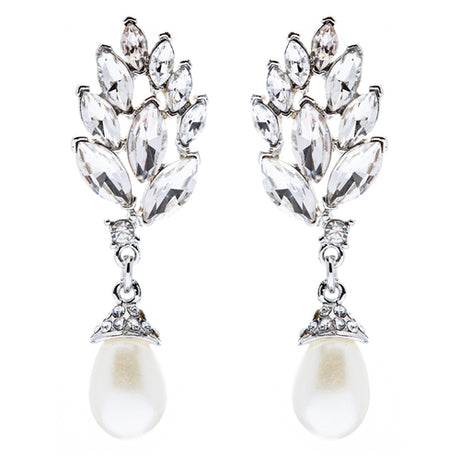 Bridal Wedding Jewelry Crystal Pearl Chic Modern Teardrop Dangle Earrings Silver