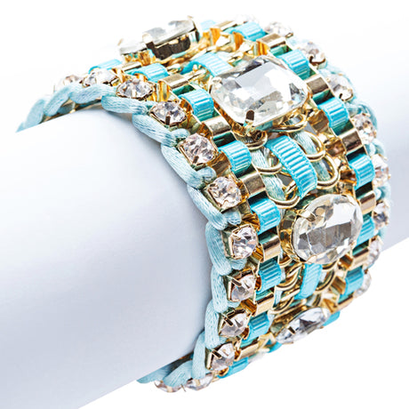 Beautiful Stone Fabric Crystal Rhinestone Latch Fashion Wide Bracelet B456 Blue