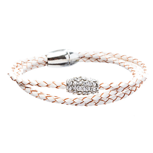 Braided Leather Pave Crystal Magnetic Closure Triple Rows Wrap Bracelet White - Accessoriesforever