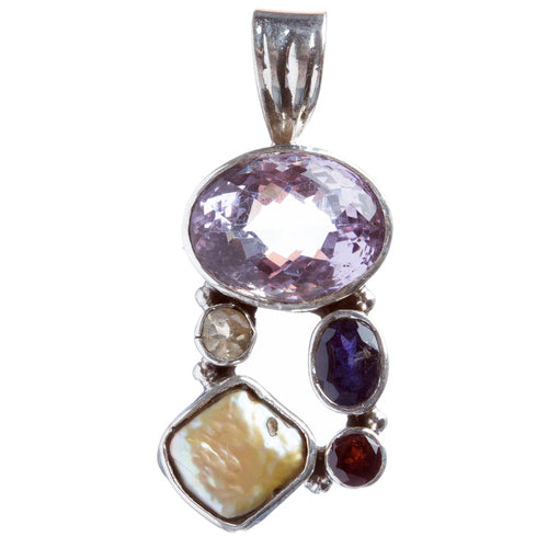 925 Sterling Silver Natural Gemstones Abalone Amethyst Pendant FJSVP2041