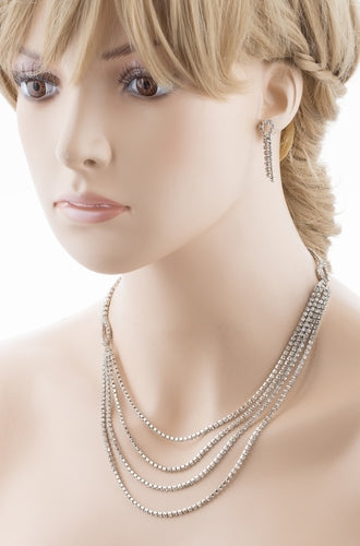 Bridal Wedding Jewelry Crystal Rhinestone Simple Linear Rows Necklace Silver