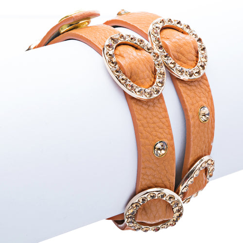 Chic Crystal Buckle Design Button Leatherette Fashion Wrap Bracelet Gold Orange