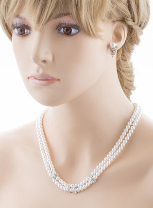 Bridal Wedding Jewelry Set Crystal Pearl Double Strands Necklace White - Accessoriesforever