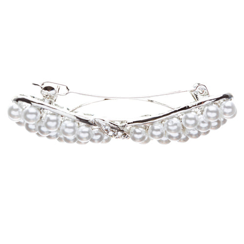Bridal Wedding Jewelry Crystal Pearl Stunning Ribbon Bow Hair Barrette Silver