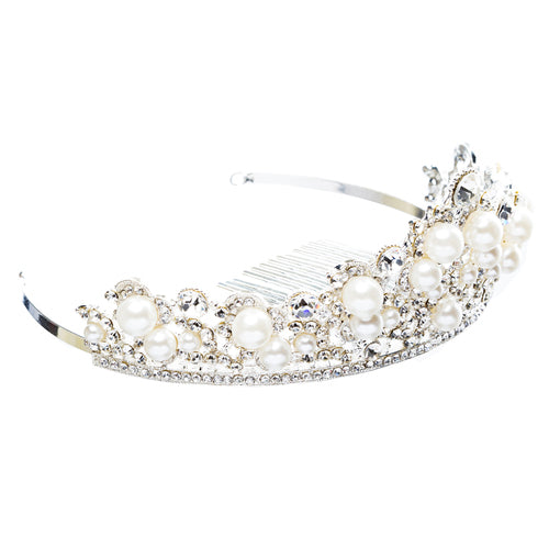Bridal Wedding Jewelry Crystal Rhinestone Classic Faux Pearl Tiara H172 Silver - Accessoriesforever