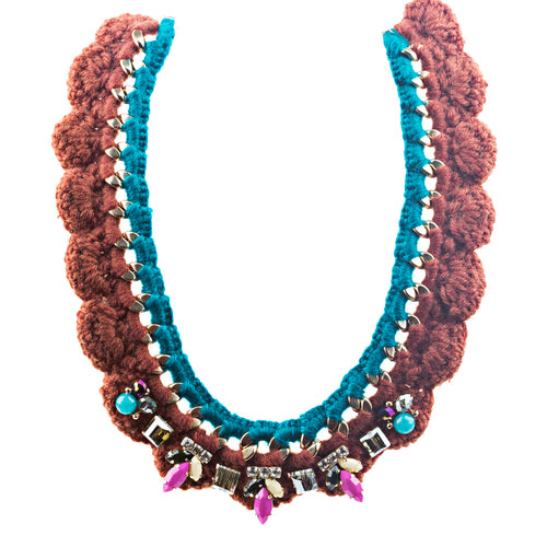 Gorgeous Style Crystal Formica Knitted Design Statement Jewelry Necklace Brown