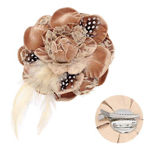 Velvet & Lace Double Layer Feather Flower Corsage Brooch 2 Way Hair Pin Beige
