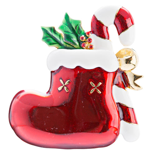 Christmas Jewelry Crystal Rhinestone Sock Candy Cane Charm Brooch Pin Red Gold
