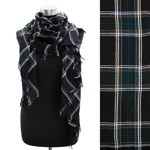 Plaid Design Fringed Rectangular Scarf Black