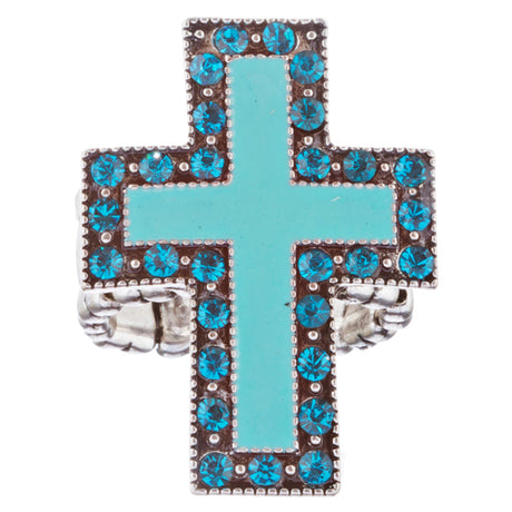 Cross Jewelry Sparkle Crystal Rhinestone Enamel Stretch Fashion Ring R229 Blue