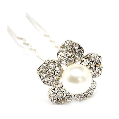 Bridal Wedding Jewelry Crystal Rhinestone Pearl Daisy Floral Hair Pin White