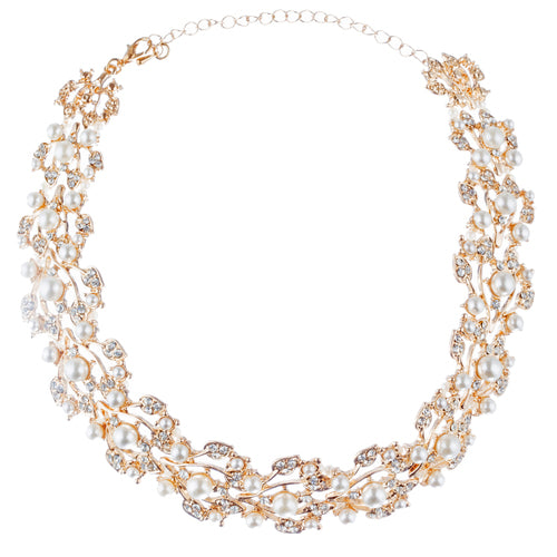 Bridal Wedding Jewelry Set Necklace Rhinestone Pearl Leaf Gold Ivory Cream