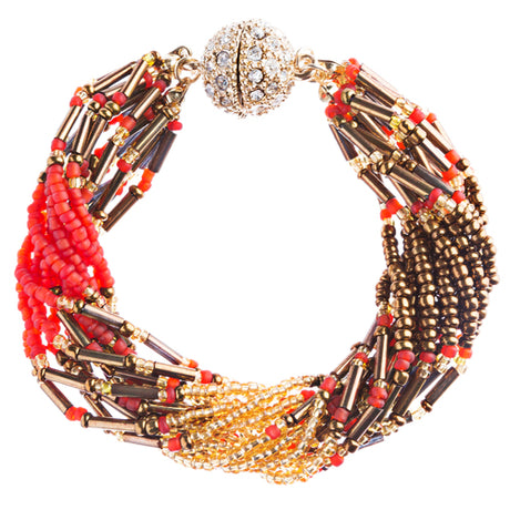Fashion Multi Strands Beads Rhinestone Magnetic Closure Bracelet B454 Gold Red