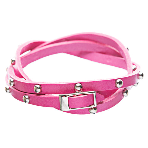 Fuschia Silver Stud Italian Calf Leather Wrap Bracelet - Accessoriesforever