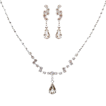 Bridal Wedding Jewelry Set Crystal Rhinestone Simple Teardrop Necklace Silver - Accessoriesforever