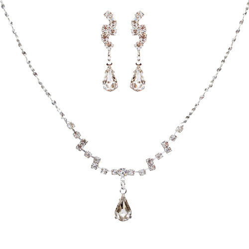 Bridal Wedding Jewelry Set Crystal Rhinestone Simple Teardrop Necklace Silver