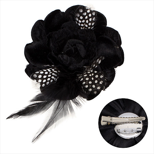 Velvet & Lace Double Layer Feather Flower Corsage Brooch 2 Way Hair Pin Black