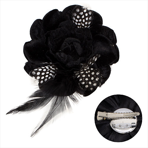 Velvet & Lace Double Layer Feather Flower Corsage Brooch 2 Way Hair Pin Black - Accessoriesforever