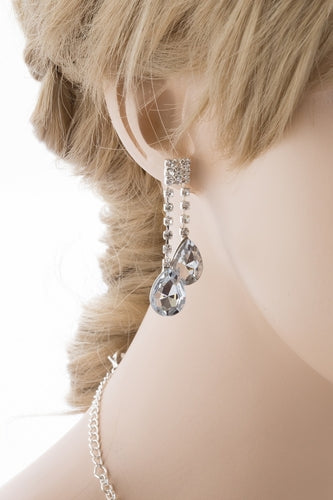 Bridal Wedding Jewelry Set Crystal Rhinestone Teardrop Dangles Necklace Silver