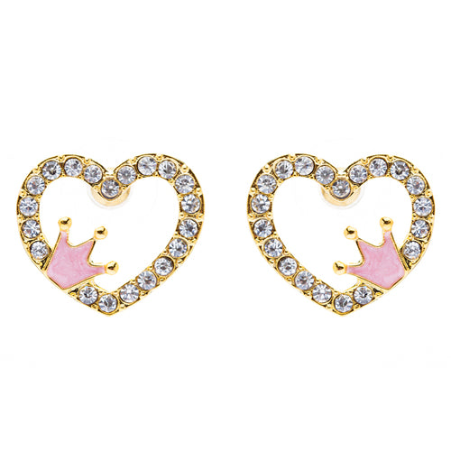 Sparkle Heart Shape with Crown Fashion Medium Stud Earrings Valentine Love Gold - Accessoriesforever