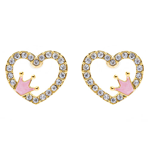 Sparkle Heart Shape with Crown Fashion Medium Stud Earrings Valentine Love Gold