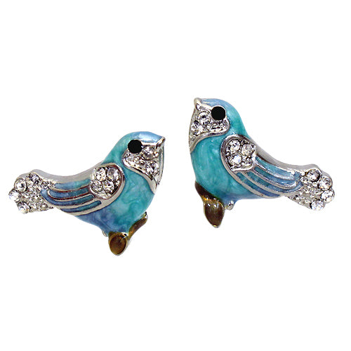 Crystal Rhinestone Enamel Stud Bird Earrings Blue