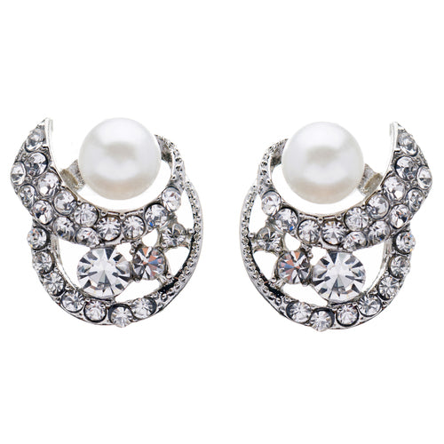 Bridal Wedding Jewelry Crystal Rhinestone Pearl Simple Stud Earrings Silver - Accessoriesforever