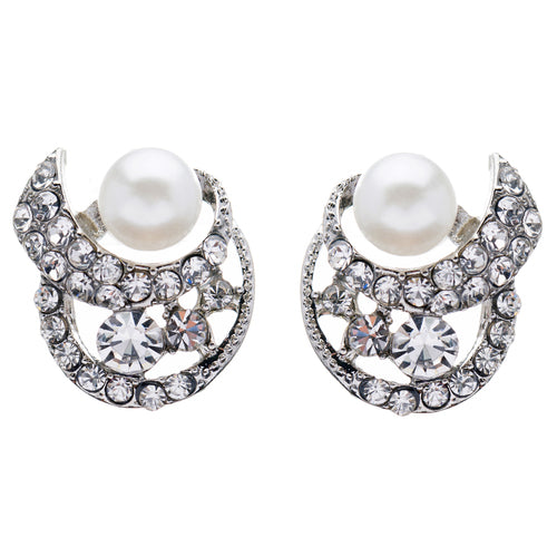Bridal Wedding Jewelry Crystal Rhinestone Pearl Simple Stud Earrings Silver