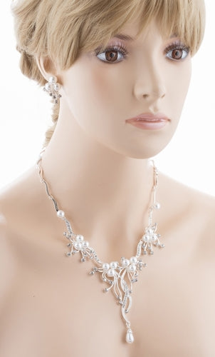 Bridal Wedding Jewelry Set Crystal Rhinestone Pearl Floral Vine Design Necklace