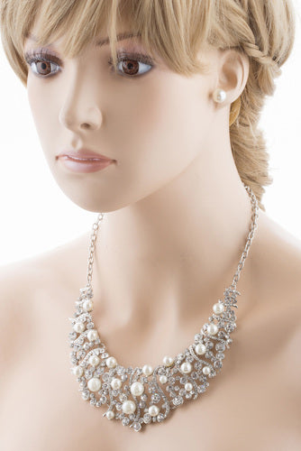 Bridal Wedding Jewelry Set Crystal Rhinestone Pearl Stunning Classy Bib Necklace