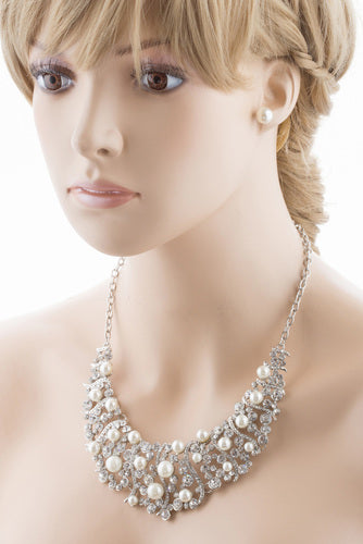 Bridal Wedding Jewelry Set Crystal Rhinestone Pearl Stunning Classy Bib Necklace - Accessoriesforever