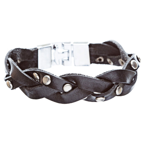 Wide Braid with T Clip Clasp Leather Bracelet Black