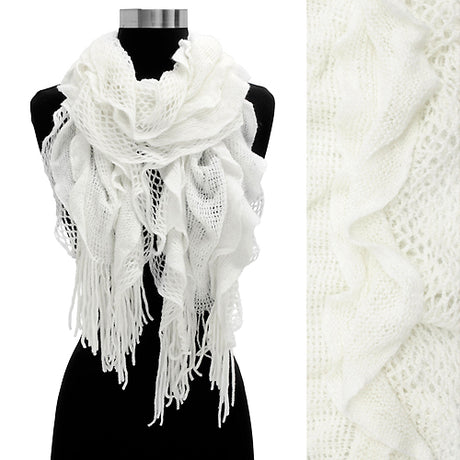 Soft Solid Color Single Layer Knit Net Elastic Fashion Scarf Fringes White Ivory