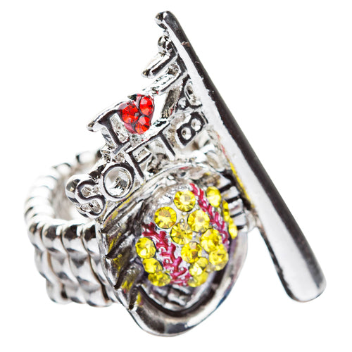 Sport Jewelry I Love Softball Crystal Rhinestone Fashion Stretch Ring Yellow