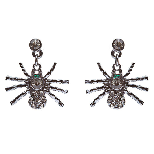 Halloween Costume Jewelry Spider Crystal Dangle Charm Earrings Hematite Black