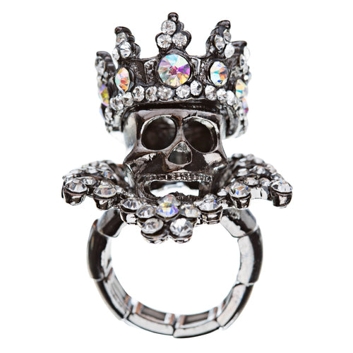 Halloween Costume Jewelry Crystal Skull With Crown Stunning Stretch Ring Black