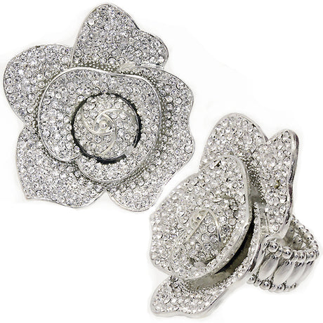 Crystal Pave Big Rose Stretch Fashion Ring Clear