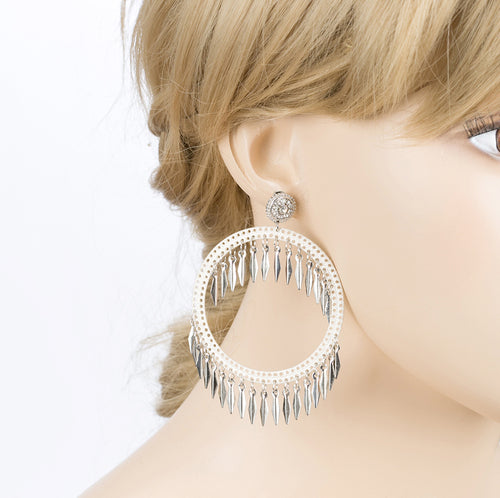 Draped Tassel Dangle Hoop Crystal Earrings Silver