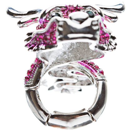 Dragon Fuchsia Pink Clear Crystals Silver Animal Stretch Adjustable Fashion Ring