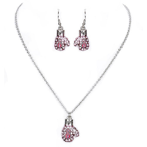 Pink Ribbon Jewelry Breast Cancer Awareness Boxing Glove Necklace Set JN318 SV