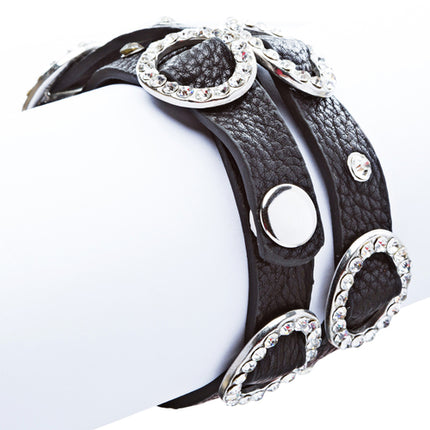 Chic Crystal Buckle Design Button Leatherette Fashion Wrap Bracelet Silver Black - Accessoriesforever